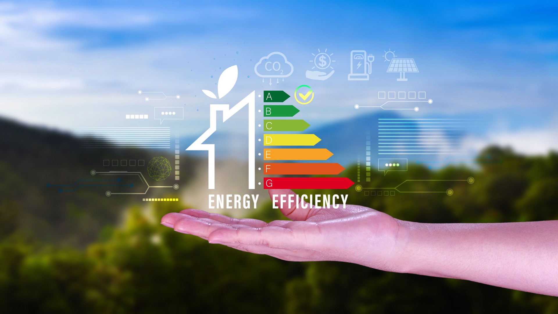 Energy efficiency concept, Businessman touching virtual screen of energy efficiency rating for energy efficient house building rate label audit, Renewable energy concept.